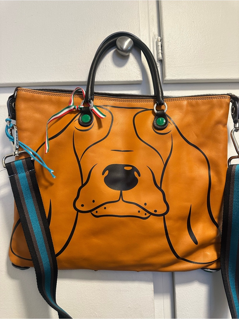 Orange Dog-Print Tote with Black Handles and Removable Strap